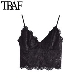 TRAF Women Sexy Fashion With Lace Cropped Tank Tops Vintage Backless Thin Adjustable Straps Female Camis Mujer 210625