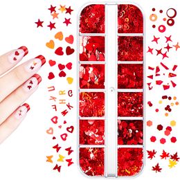 12 Grids Love Heart Nail Sequins Fashion Cute Glitter Flakes 3D Colorful Shining Holographic Laser Manicure Nail Art Decorations
