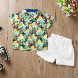 Summer Children Sets Casual Short Sleeve Turn-down Collar Print T-shirt White Shorts 2Pcs Boys Clothes 2-7T 210629