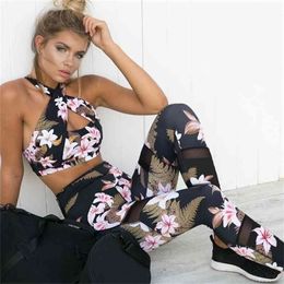 Women's Fitness Suits Crop Tank Workout Floral Printed Top And Legging Pants 2 Pieces Set Summer Ladies Sexy Tracksuit 210607