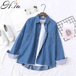H.SA Spring Jeans Blusa and Shirts Long Sleeve Oversized Button Summer Tops Denim Outwear Korean Pocket camisas mujer Femme 210417