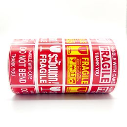 Rectangle Red Background White Coated Paper Fragile Adhesive Sticker Label Printed Rolling Cartoon Warning Packing Stickers