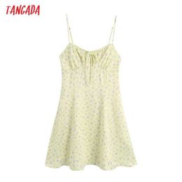 Tangada Women Summer Yellow Floral Print Mini Dress Vintage Backless Elastic Thin Straps Female Dresses Mujer BE748 210609