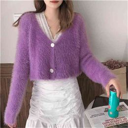 Women Korean Style Fluffy Crop Sweater Autumn Winter V Neck Single Breasted Knit Cardigan Ladies Purple Sweaters Short Mujer 210525