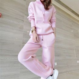 Autumn Winter Pink Two Piece Set Casual Chic Hooded Knitted Sweater Tops And High Waist Wide Leg Pants Women Tracksuit 210519