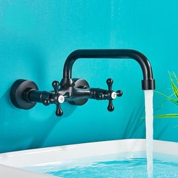 Black Basin Faucet Wall Mounted Dual Handles Bathroom Faucets Swivel Spout Antique Brass Crane Hot Cold Water Mixer Tap