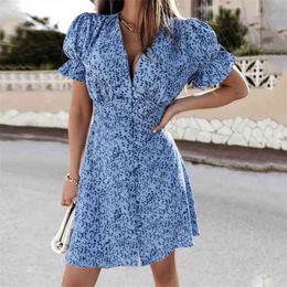 Vintage Print Women Summer Dress Boho Beach Style Sundresss Short Sleeve V Neck Mini Dress Robe Flower Party Dress 210415