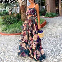 Dress For Women Floral Print Long Summer Beach Holiday Elegant Ruffled Lacing Slim Party es 210515