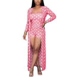 Women Sexy Polka Dot Strapless Short Jumpsuit with Long Sleeve Coat Solid Two Suits Street Casual Fashion Comfortable and Soft 210416