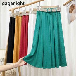 Fashion Solid Colour Korean Midi Long A-line Skirt Women Casual Summer Belt Elastic High Waist Pleated Skirts Female 210601