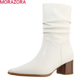 MORAZORA Genuine leather boots thick heels square toe ladies shoes autumn winter black rice white ankle boots for woman 210506