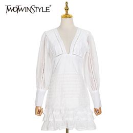 Patchwork Ruffle Dress For Women V Neck Lantern Sleeve Hollow Out Elegant White Dresses Female Summer Fashion 210520