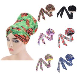 2021 150PCS African Print Satin Bonnet With Long Ribbon Double Layer Headwrap Ankara Pattern Women Hair Cover Large Size Wrap Cap