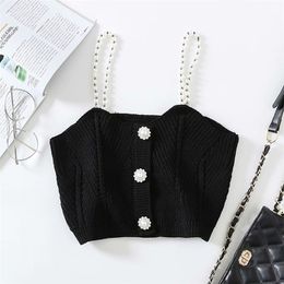 Women Summer Solid Camis Tank Tops Sweet Buttons Knitting Elasticity Off shoulder Female Sexy Short Casual Top Clothes 210513