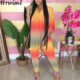 Loose 2 Piece Women Sets Fashion Tie Dye Half Sleeve v Neck Split Tops Long Pants Female Summer Autumn Boho Plus Size 210513