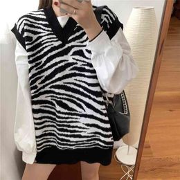Women Waistcoat Sweater Vest Fashion Zebra Pattern Knitted Sweaters Pullover V Neck Autumn Winter Warm Tops Loose Woman Clothes 210909