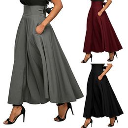 Womens Skirts High Waist Solid Colour Pleated Stretch Plain Skater Flared Long Skirt Autumn Women Dresses