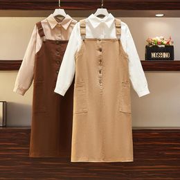 plus size 2 piece dress UK - Plus Size Dresses EHQAXIN Spring Fall Womens Elegant Long-Sleeved Shirt + Casual Strap Button Dress 2 Piece Korean Student College Style