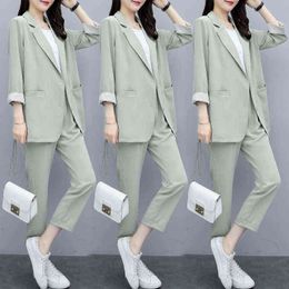 Vintage Women Pant Suit Women Casual Fashion Light Green Notched Blazer Jacket Pant Office Wear Women Suits Female Sets 211118