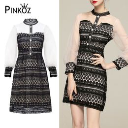 elegant vintage black white O-neck mini dress lace plaid buttons single breasted long sleeve mesh spring summer dresses 210421