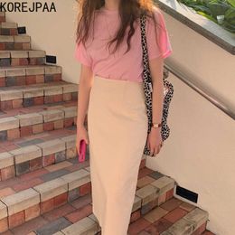 Korejpaa Women Sets Summer Korean Chic Ladies Sweet Age-Reducing Pink Round Neck Loose T-Shirt High Waist Bag Slit Skirt 210526