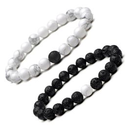 2pcs Natural Stone Beaded Strands Bracelet Set Black Lava White Turquoise Rock Chakra Bracelets Couple Distance Bracelets for Women Hand Chain Nice Gift fit Lovers