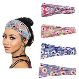 Ladies print turban Colourful peacock headband, breathable, sweat-proof, elastic, cross-sports, wide-brimmed face wash headscarf