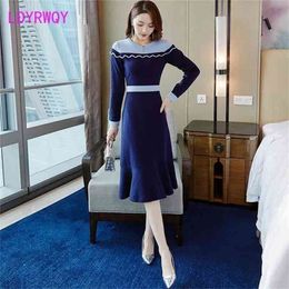 Knitted dress women's autumn and winter clothes contrast Colour Office Lady Polyester Zippers 210416