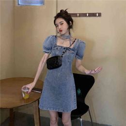 SML summer mini dress korean style solid Colour square collar denim dress womens puff short sleeve jeans dresses (J1205) 210423