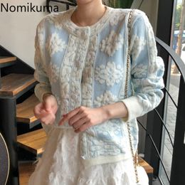 Nomikuma Sweaters Outerwear Chic Korean Embroidery Flowers O Neck Long Sleeve Single-breasted Knitted Cardigan Women 3d608 210514