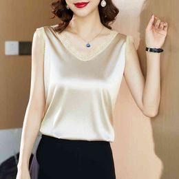 Silk Women Blouses Shirts Woman Satin Lace Tops Sleeveless V Neck White Top Plus Size 210427