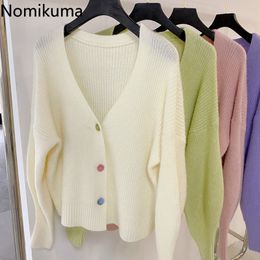 Nomikuma V Neck Long Sleeve Cardigans Single Breasted Solid Colour Elegant Knitted Sweater Women Korean Style 3b865 210514