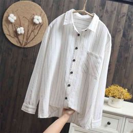 Autumn Striped Long Sleeve Ladies Tops All-matched Casual Loose Women Blouses Shirts 100% Cotton Korea Blouse Plus Size D206 210512