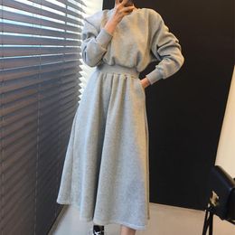 Casual Dresses 2021 Spring Winter Elegant Solid Women High Elastic Waist Long Sleeve Plus Velvet Warm Dress Female