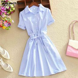 Summer Women Dress Office Ladies Shirt Elegant Blue Stripped Turn Down Collar Mini Short Sleeve HH66 210623