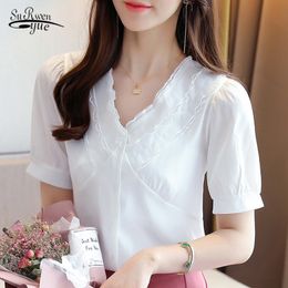 Solid Short Sleeve Chiffon Blosuse Summer Office Lady Shirt Women Tops and Blouses Loose V-neck Pink White Clothing Blusas 9856 210521