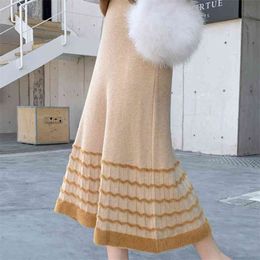 Fashion Women Pleated Skirts Autumn Winter Elastic High Waist Knitted Sweater Long Midi Flocking Skirt 210520