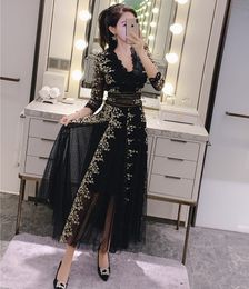 Fashion Design Vintage White Black Mesh Dress Autumn Design Sequin Flower Embroidered V-Neck Wrist Sleeve Long Dress Women 210514