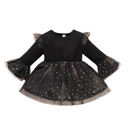 Girls Casual Princess Dress Round Collar Long Flared Sleeve Yarn Hem Skirt Red/ Black G1026