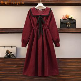 Dresses for women hit Vintage Bow Long Sleeves A Line Dress Ladies Woman clothing 4XL S258 210428