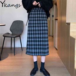 High Waist Midi Long Plaid Skirt For Women Spring Elegant Office Lady Vintage Korean Style Autumn Maxi s 210421