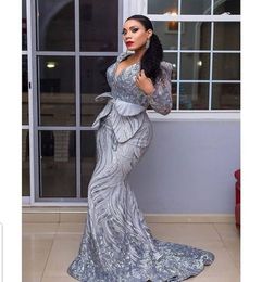 Aso Ebi Style Mermaid Prom Dresses 2024 Sexy Sier Lace Long Sleeves Sparkly Sequins Plus Size Evening Gowns For Arabic Dubai Women Vestido De Noiva 322 322