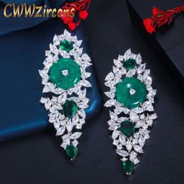 Elegant Green Cubic Zirconia Stone Long Big Earrings for Wedding Dancing Party Costume Jewelry Accessories Gift CZ770 210714