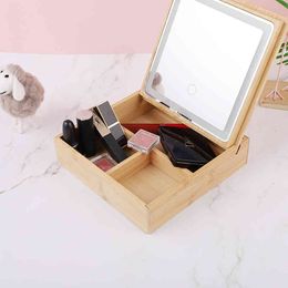 LED Natural Wood Light Portable Cosmetic Storage Box Case Retro Lighting Makeup Mirror