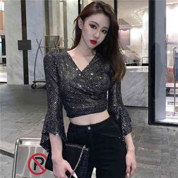Spring Summer Shiny T-shirt Women Sequined Crop Top V-neck Lace Up Short Tshirt Tee Flare Sleeve ropa mujer T9D902Y 210421