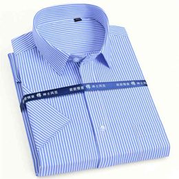 Summer Short Sleeve Basic Dress Shirts For Men Regular-fit White Formal Business Work Office Solid/striped Casual Tops Shirt 210714