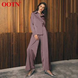OOTN Blue Satin Home Suit Wear Spring Brown Long Sleeve 2 Piece Top And Pants Women Sets Loose Casual Solid Ladies Trousers Set 210707