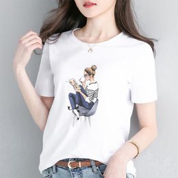 Summer Women T-shirt Cotton Print Plus Size 3XL White Tshirt Female Short Sleeve O-neck Loose Casual Elegant Ladies Tops 210518