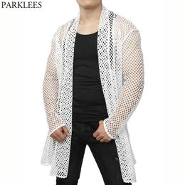 White Mesh See through Cardigan T-shirt Men Shawl Collar Long Sleeve High Low Hem Tee Shirt Homme Hip Hop Muscle Tops Camisetas 210522