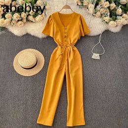 Women Korean Solid Rompers V Neck Short Sleeve Button Drawstring Wasit Jumpsuit Summer Vacation Beach Long Rompers 210715